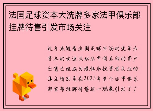 法国足球资本大洗牌多家法甲俱乐部挂牌待售引发市场关注