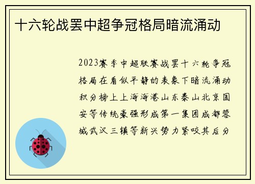 十六轮战罢中超争冠格局暗流涌动