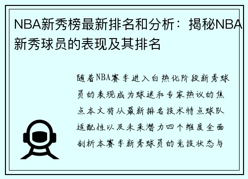 NBA新秀榜最新排名和分析：揭秘NBA新秀球员的表现及其排名